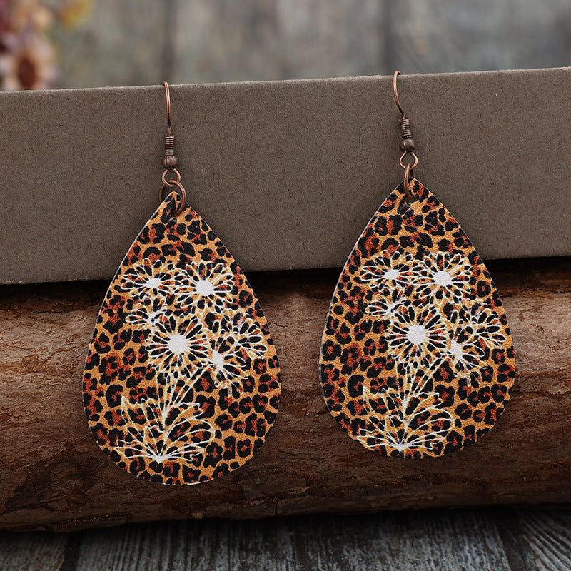 Leopard PU Leather Teardrop Shape Earrings 