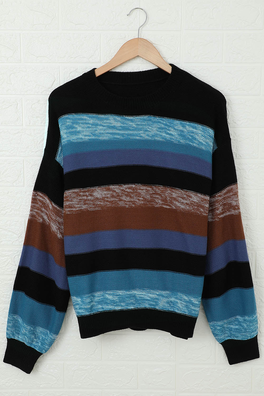 Contrast Striped Round Neck Drop Shoulder Sweater 