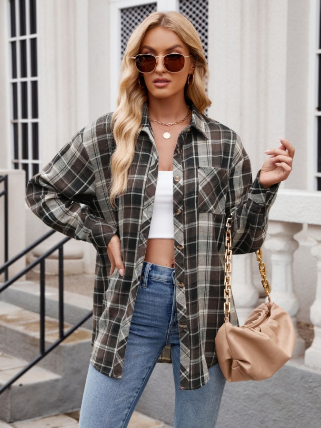 Mandy Pocketed Plaid Collared Neck Long Sleeve Shirt 