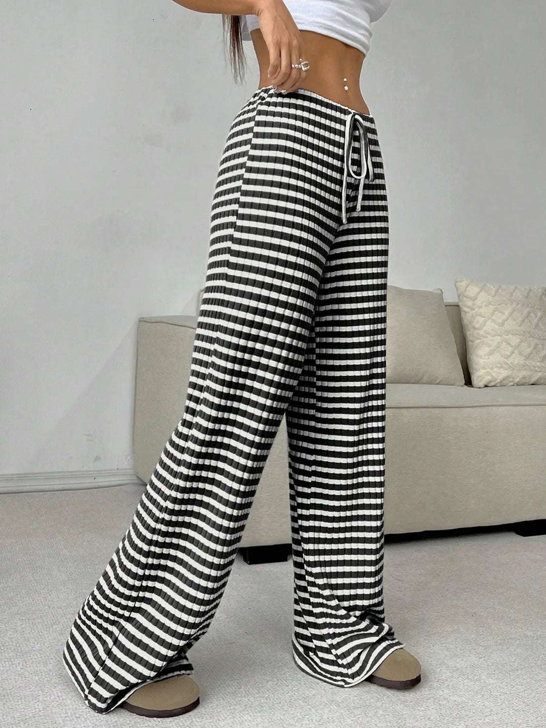 Striped Wide Leg Drawstring Pants 