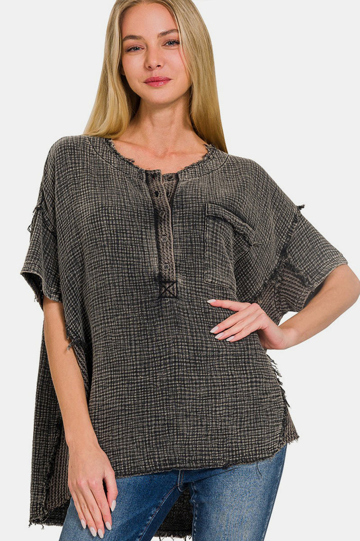 Zenana Washed Texture Half Button T-Shirt 