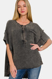 Zenana Washed Texture Half Button T-Shirt 