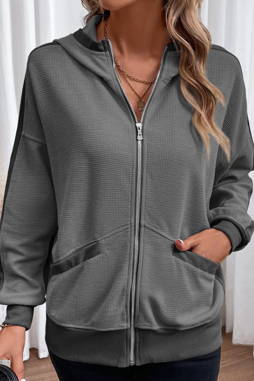 Waffle-Knit Pocketed Zip Up Hooded Jacket 