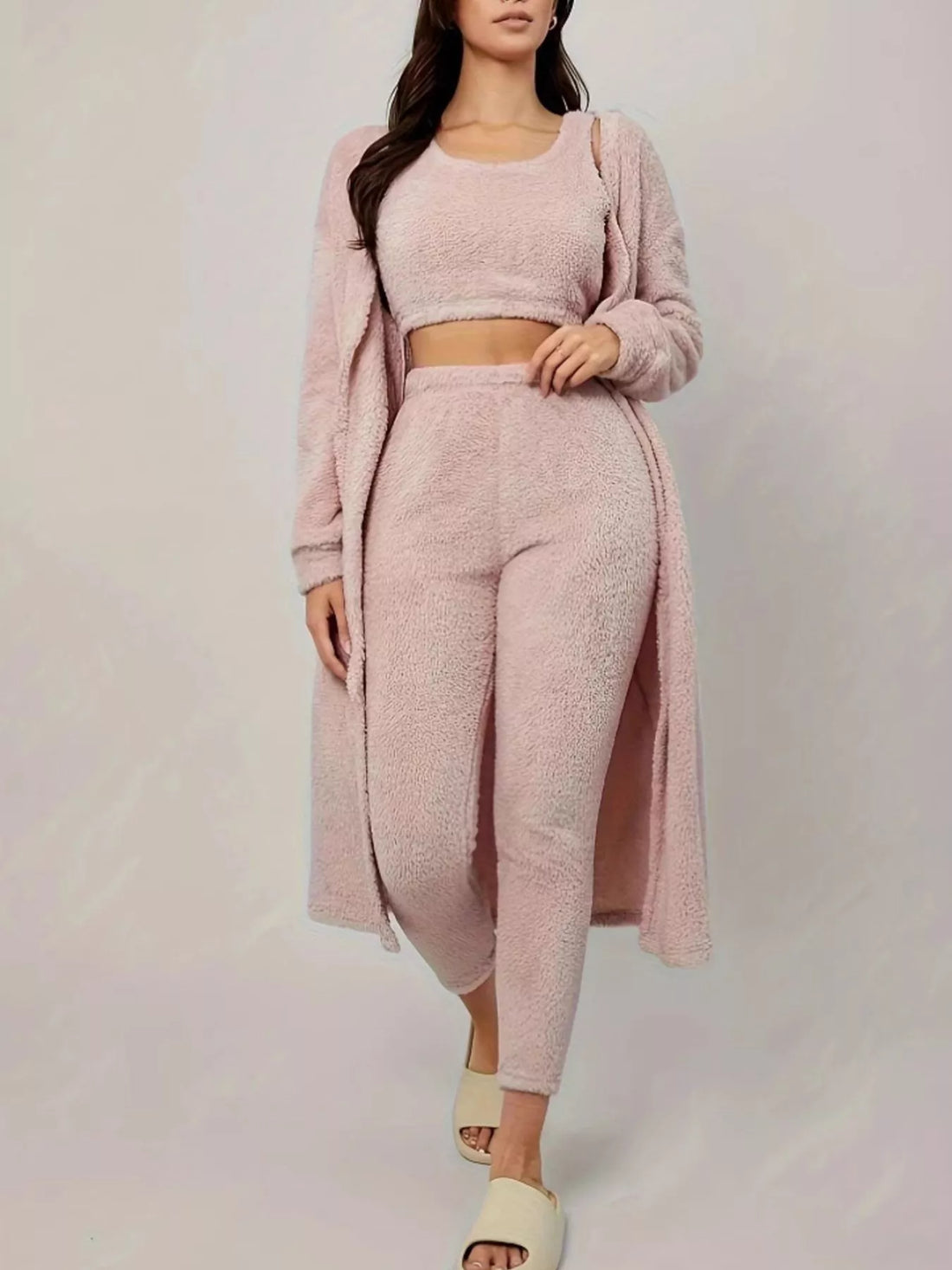 Fuzzy Tank Long Sleeve Cardigan and Pants 3-Piece Lounge Set Lingerie & Nightwear
