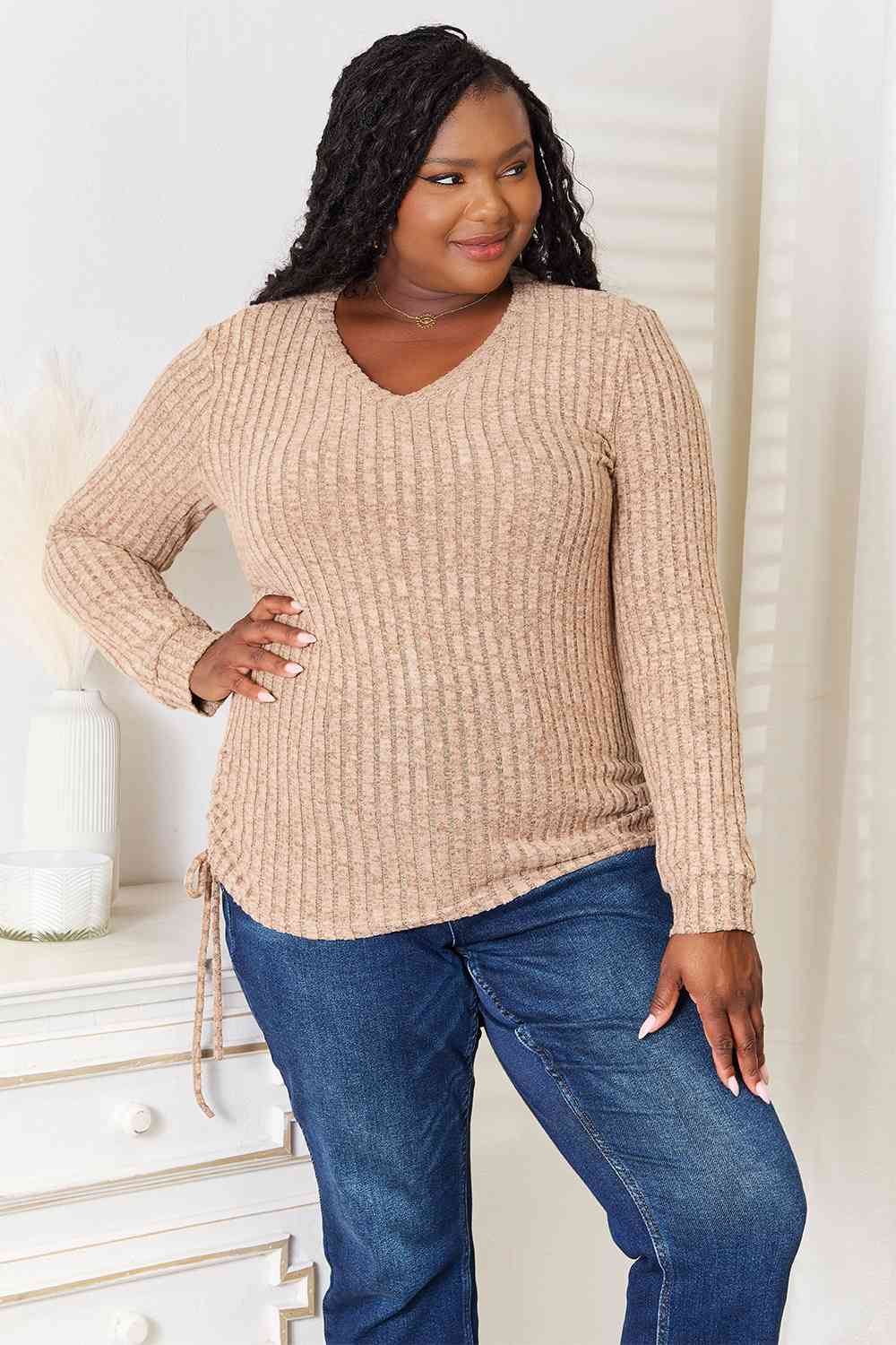 Double Take Drawstring Ribbed Long Sleeve T-Shirt 