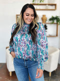 Double Take Full Size Printed Smocked Long Sleeve Blouse 