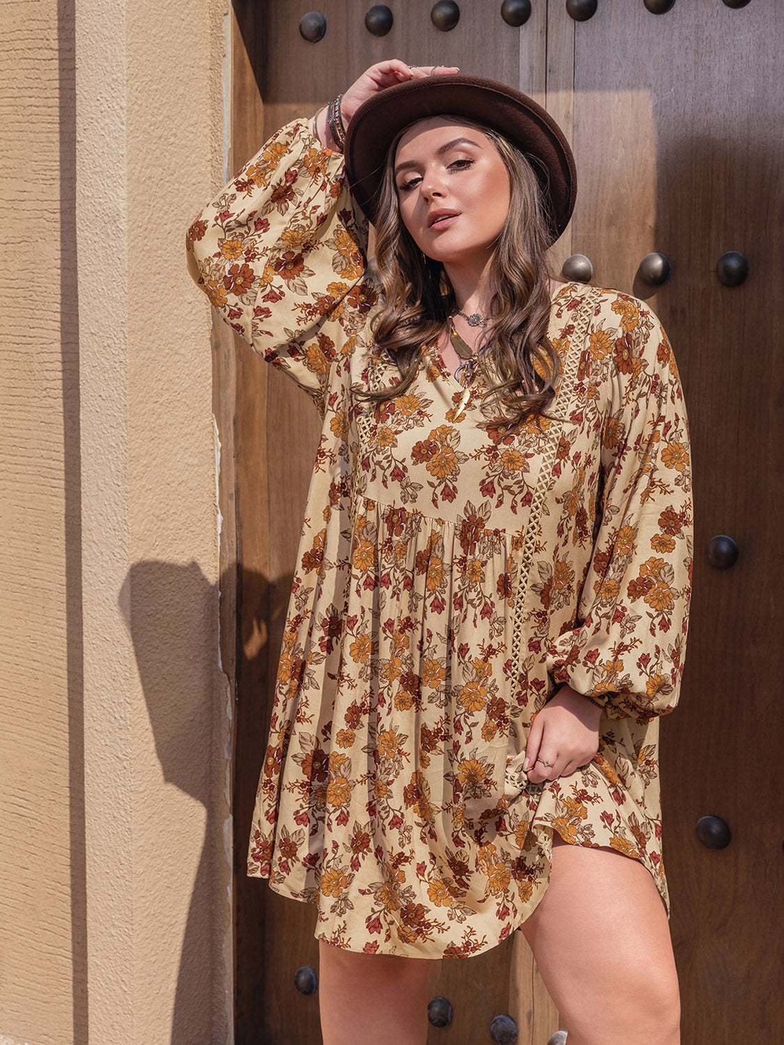 Plus Size Printed V-Neck Balloon Sleeve Mini Dress 