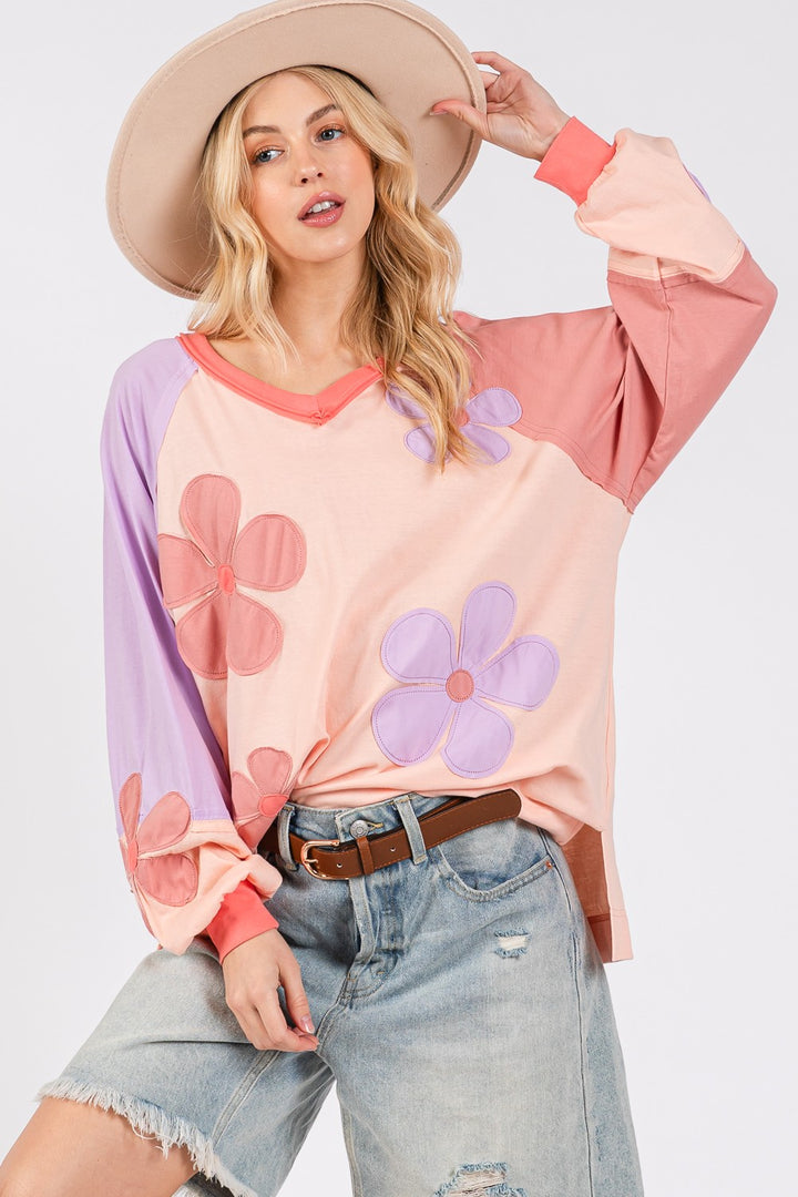 SAGE + FIG Full Size Daisy Applique Patch Color Block Long Sleeve Top 