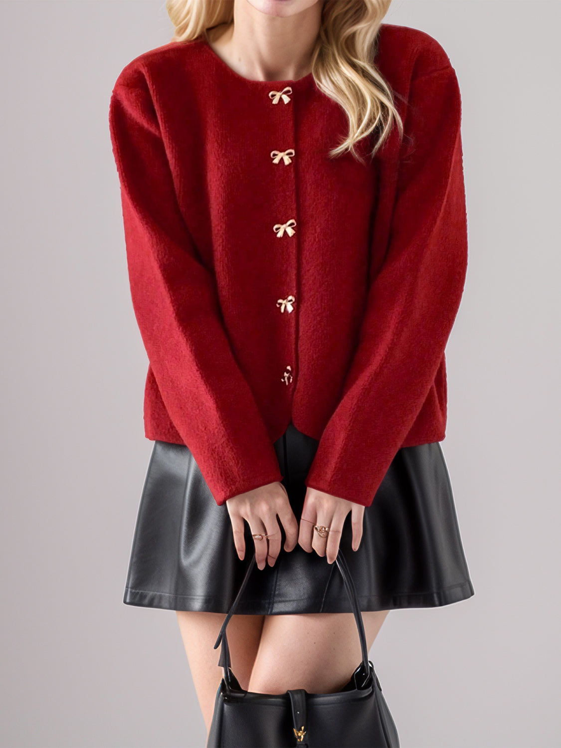 Bow Button Down Round Neck Long Sleeve Cardigan 