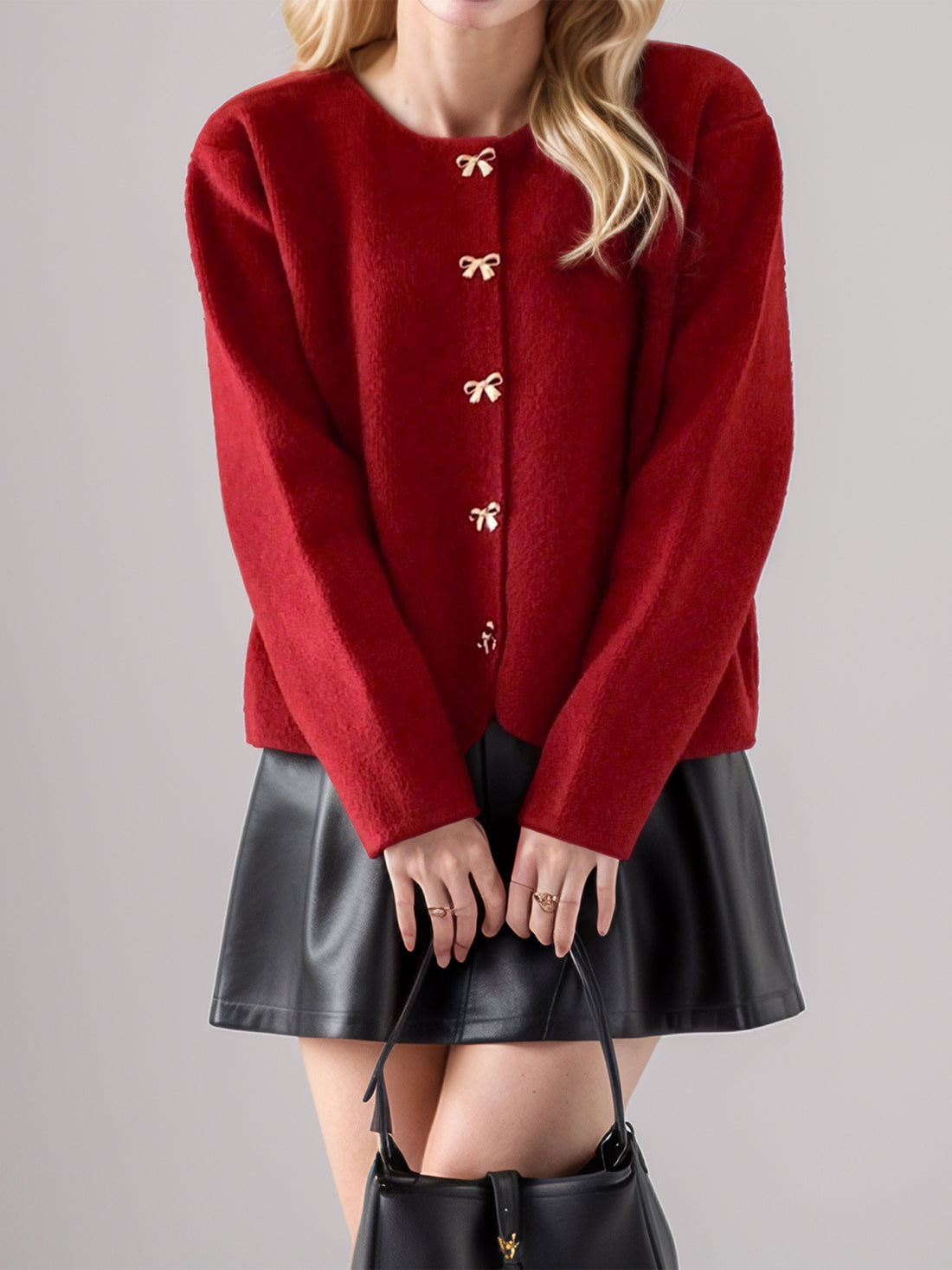 Bow Button Down Round Neck Long Sleeve Cardigan 