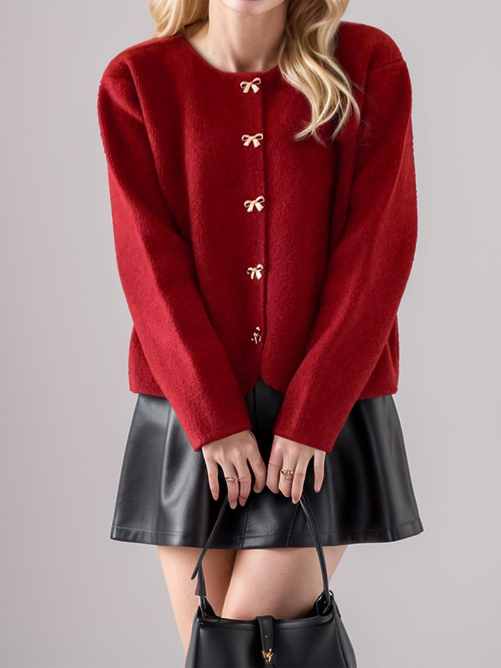 Bow Button Down Round Neck Long Sleeve Cardigan 
