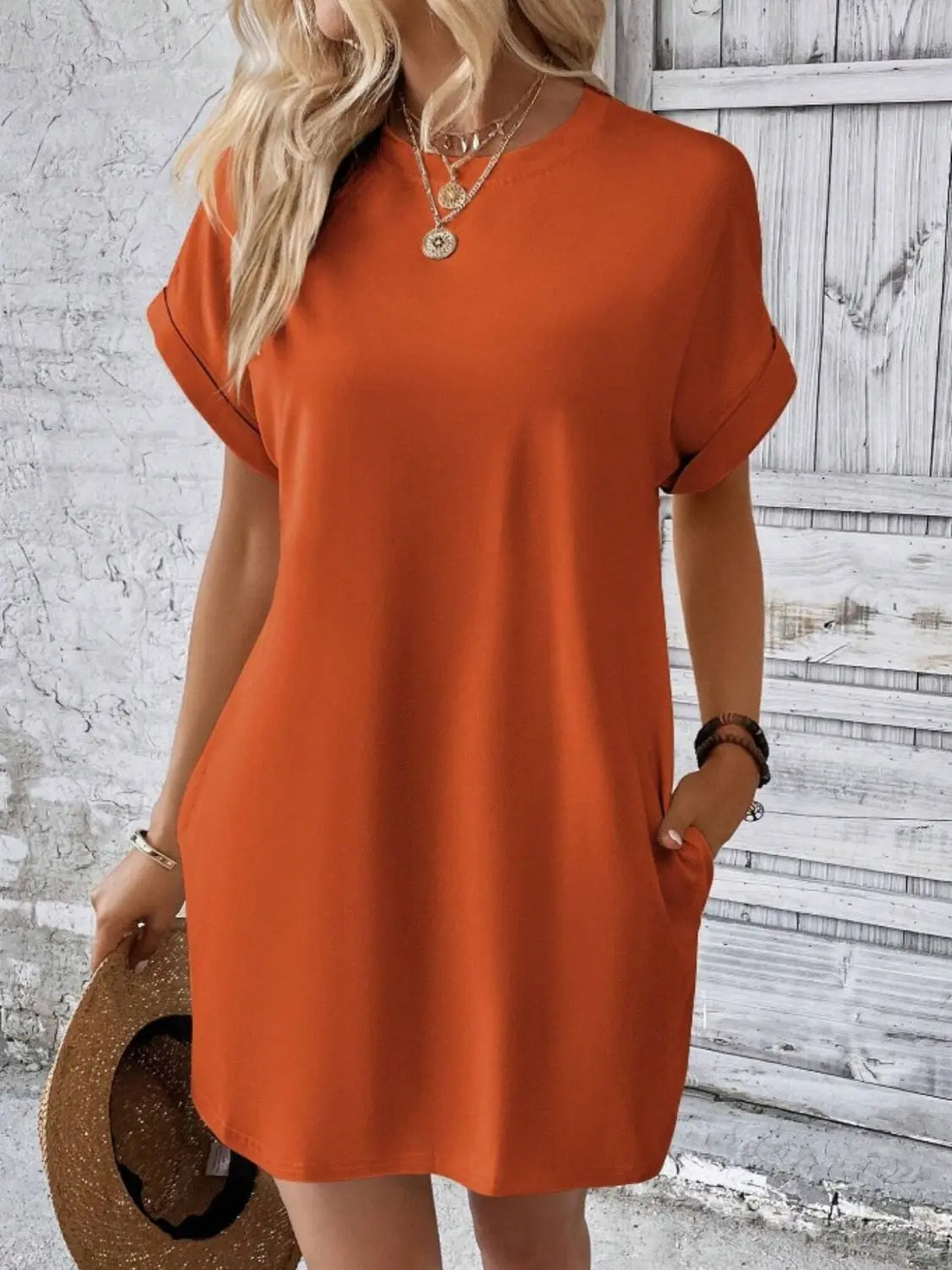 Pocketed Round Neck Short Sleeve Dress 