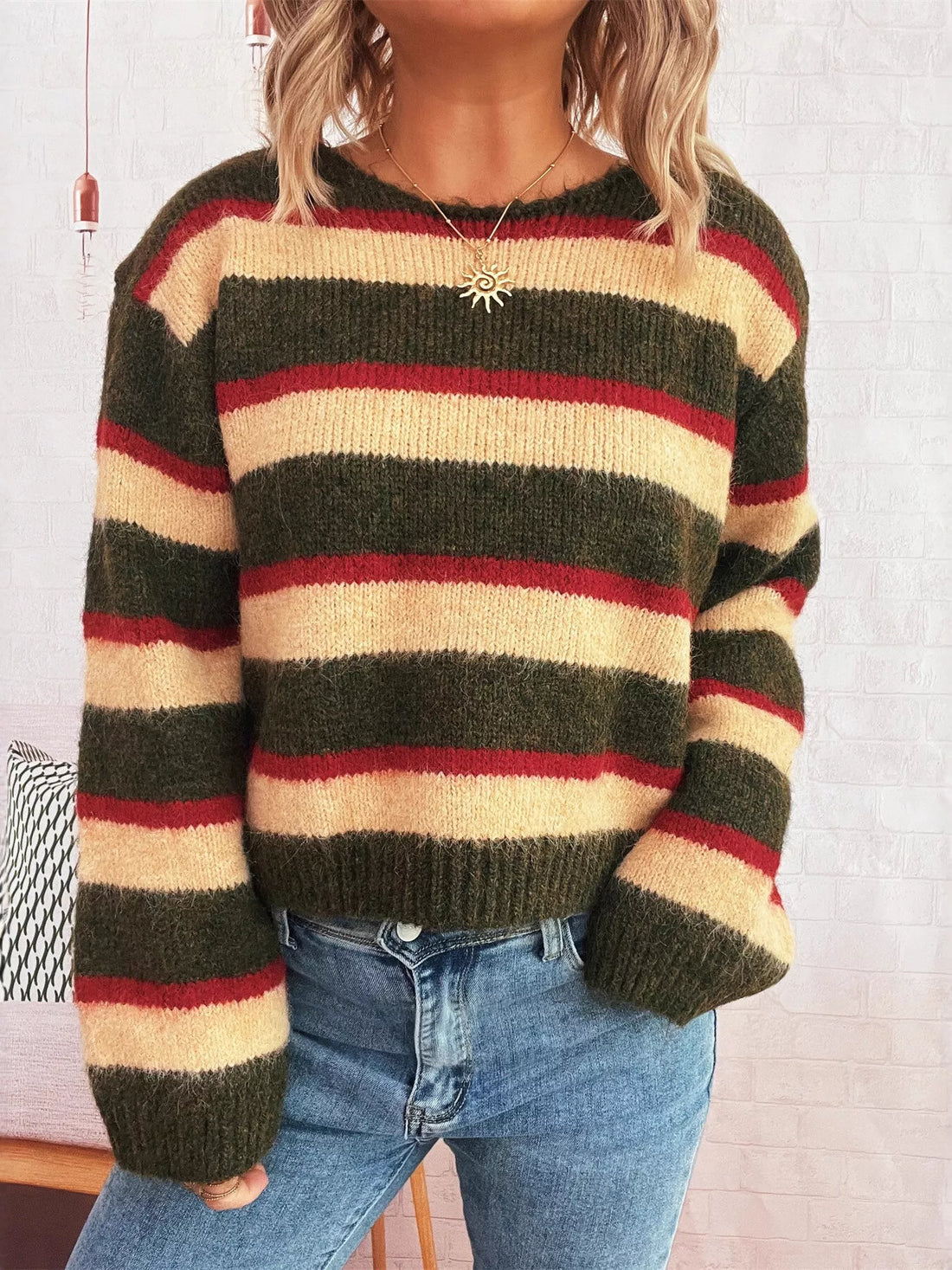 Striped Round Neck Long Sleeve Sweater 