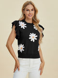 Double Take Full Size Ruffled Flower Round Neck Cap Sleeve Sweater 