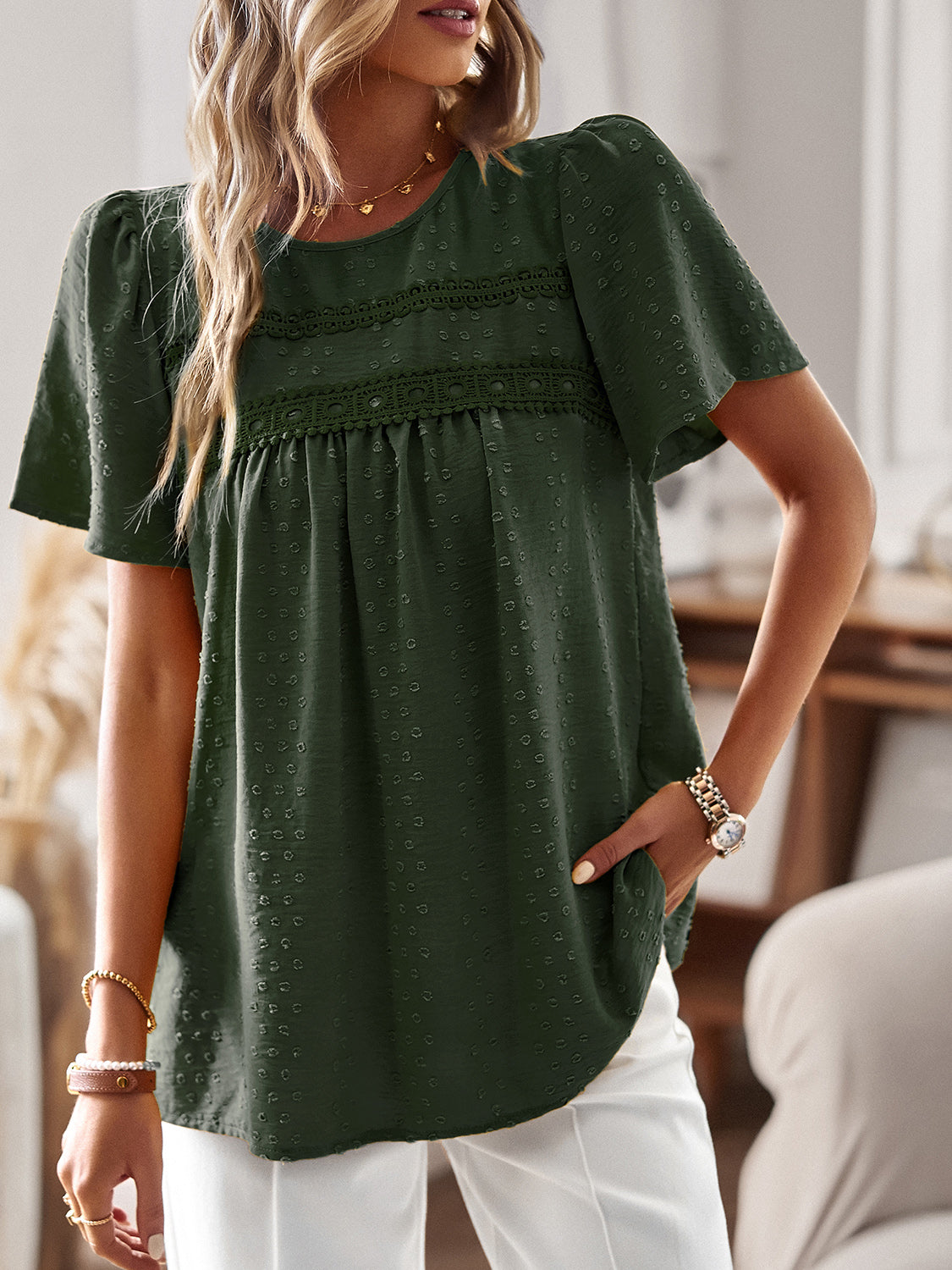 Devine Lace Detail Round Neck Short Sleeve Blouse 