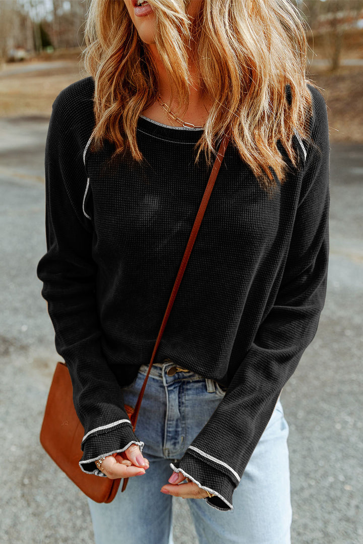 Black Textured Round Neck Long Sleeve Top Tops/Long Sleeve Tops