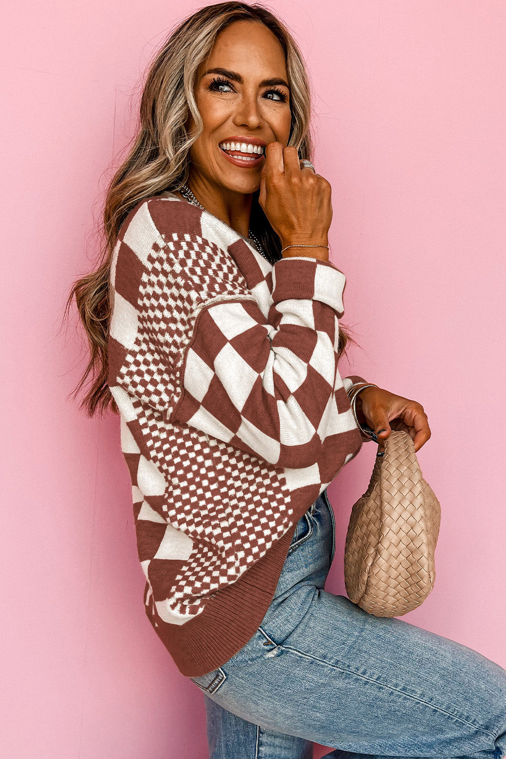 Khaki Checkered Print Drop Shoulder Round Neck Sweater Sweaters & Cardigans/Sweaters