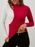 Cutout Contrast Mock Neck Long Sleeve T-Shirt 