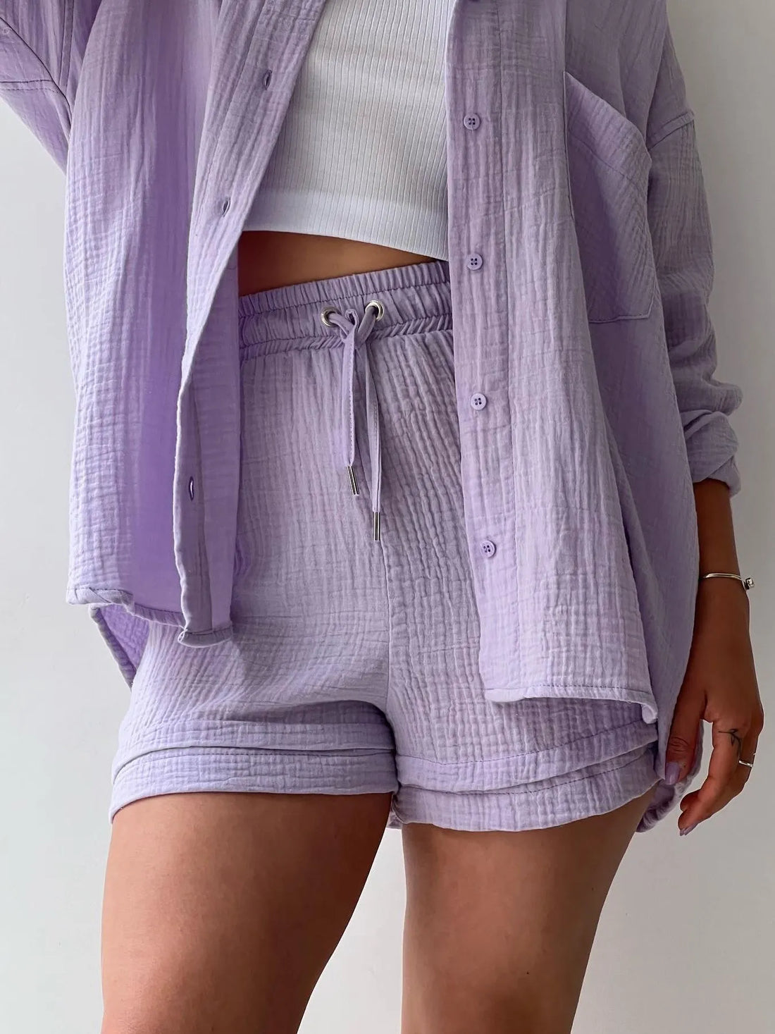 Textured Button Up Shirt and Shorts Set Two Piece Dresses