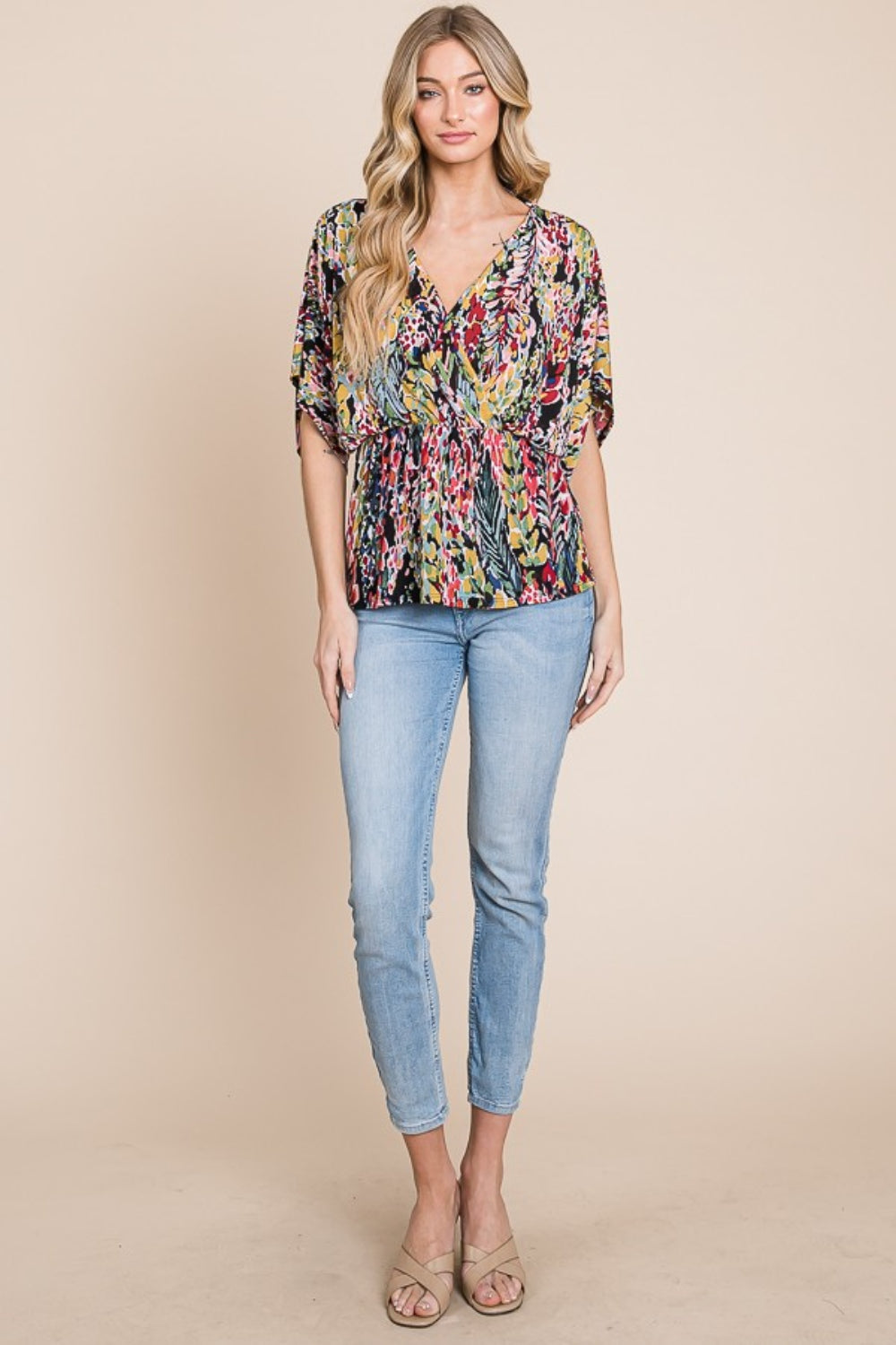 BOMBOM Printed Surplice Peplum Blouse 