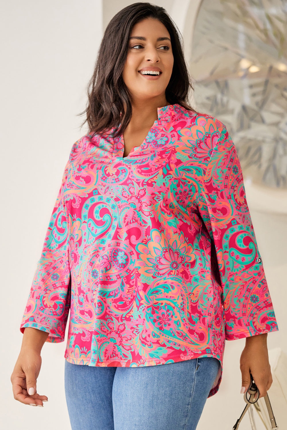 Plus Size Printed Notched Long Sleeve Blouse 