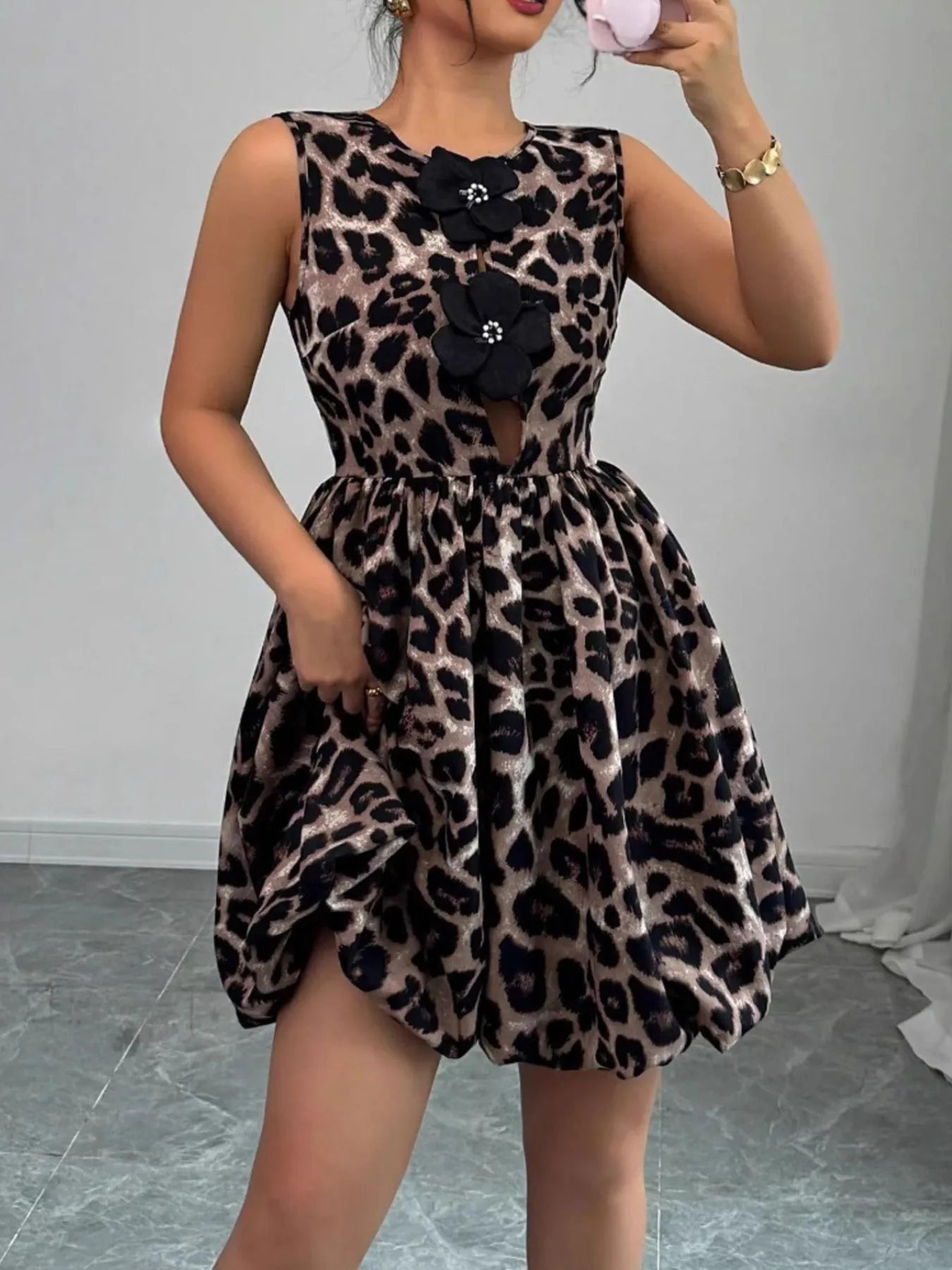 Leopard Print Sleeveless Fit and Flare Mini Dress 