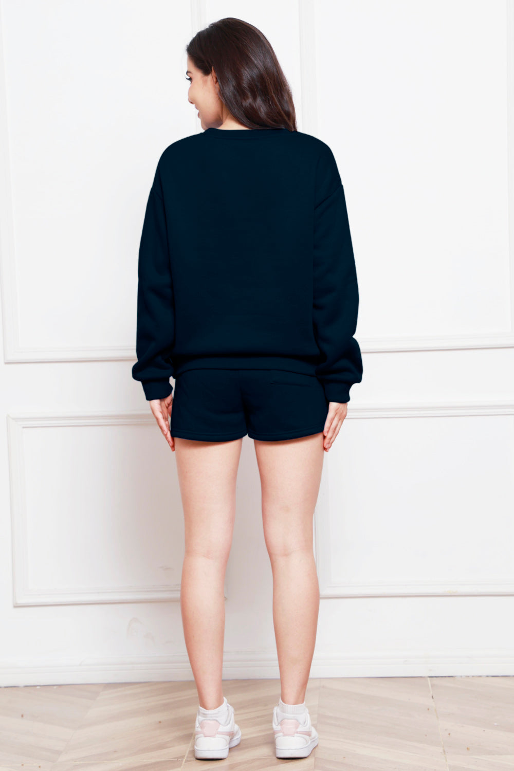 Round Neck Long Sleeve Sweatshirt and Drawstring Shorts Set 