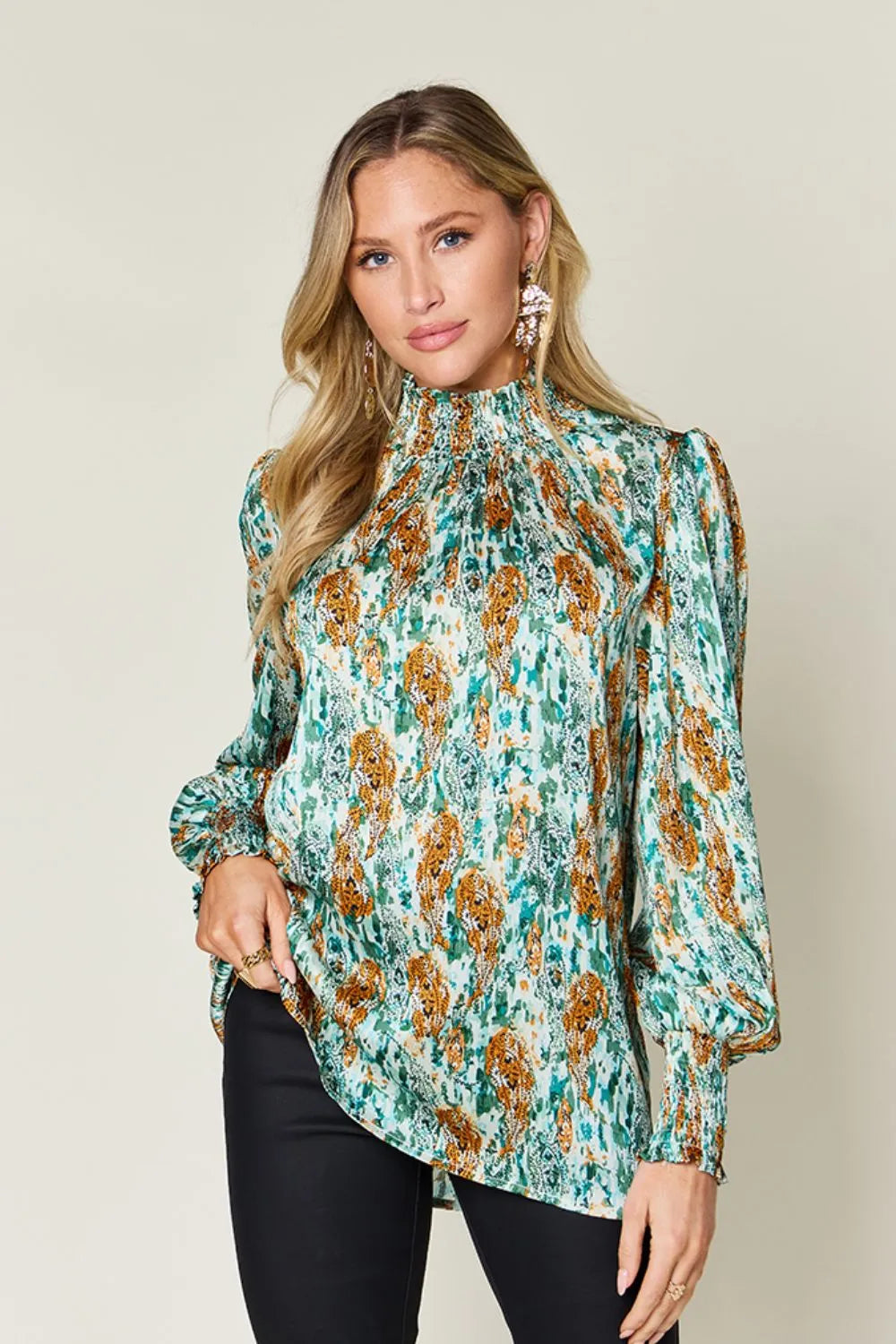 Double Take Full Size Printed Smocked Long Sleeve Blouse 