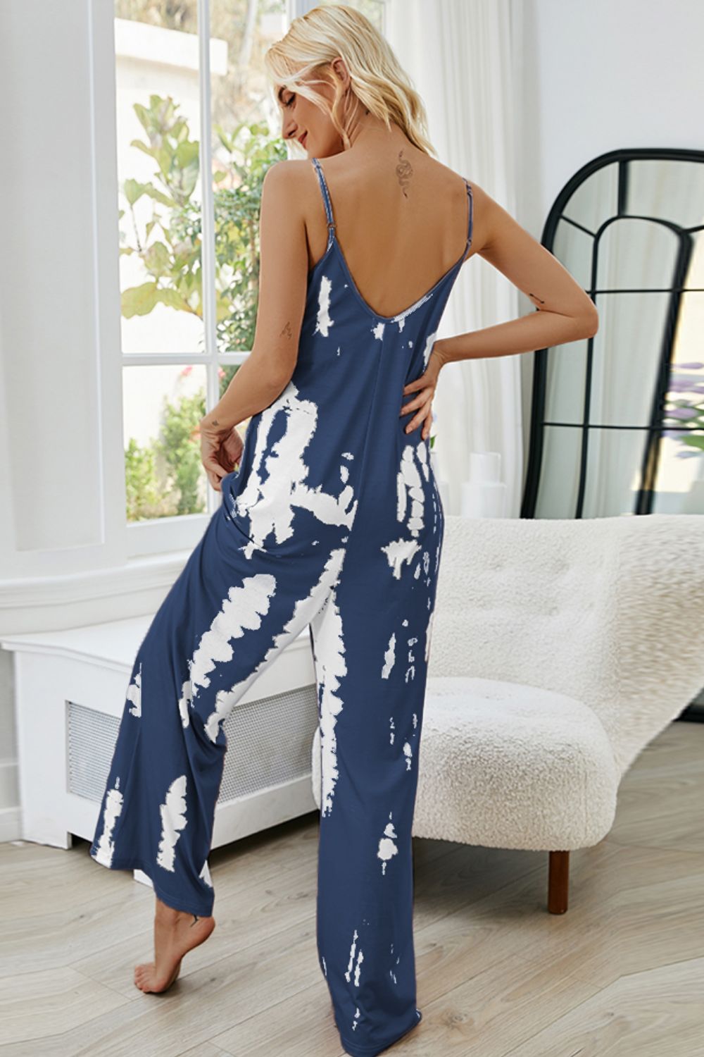Shiny Tie-Dye Spaghetti Strap Jumpsuit with Pockets 