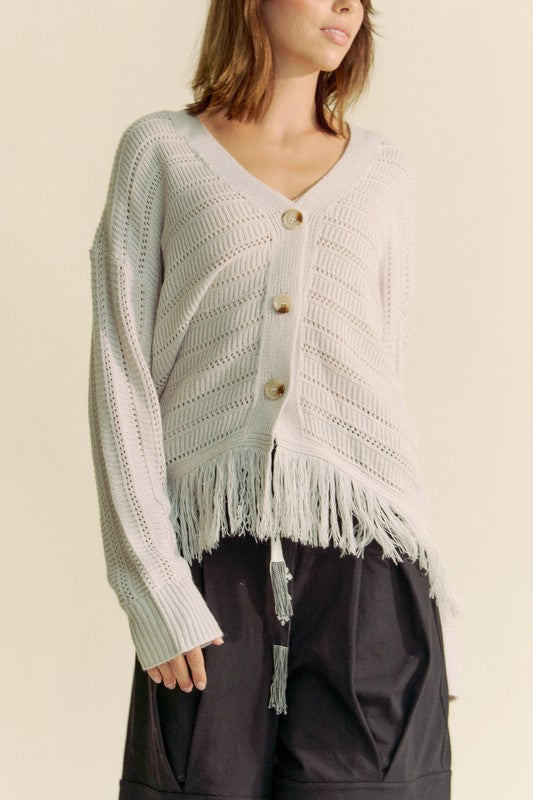 Davi & Dani Fringe V-Neck Button Up Long Sleeve Cardigan 