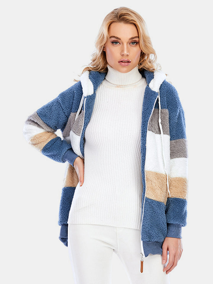 Full Size Drawstring Color Block Zip Up Hooded Outerwear 