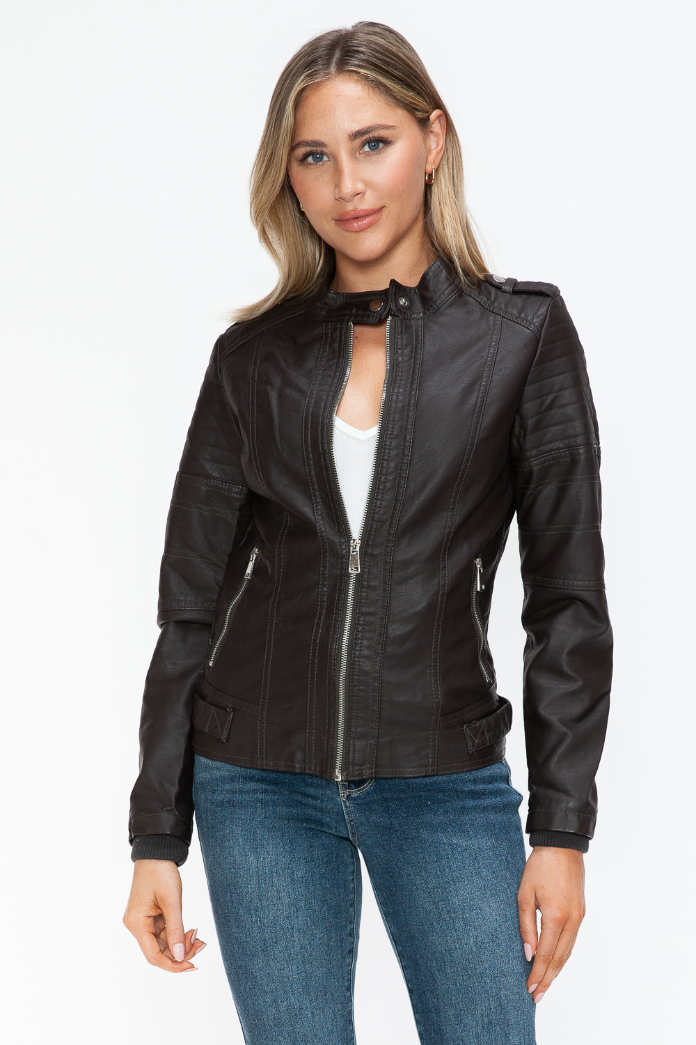 Snobbish PU Leather Biker Jacket with Side Zip Pockets 
