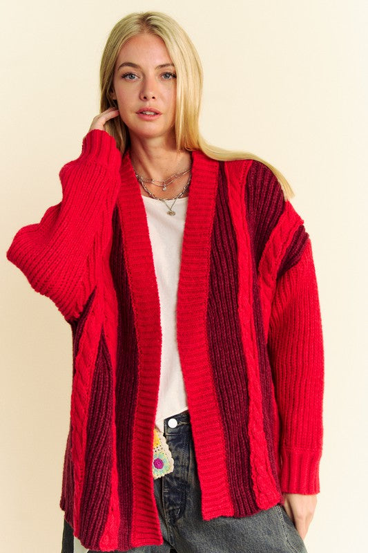 Davi & Dani Cable-Knit Color Block Open Front Cardigan 