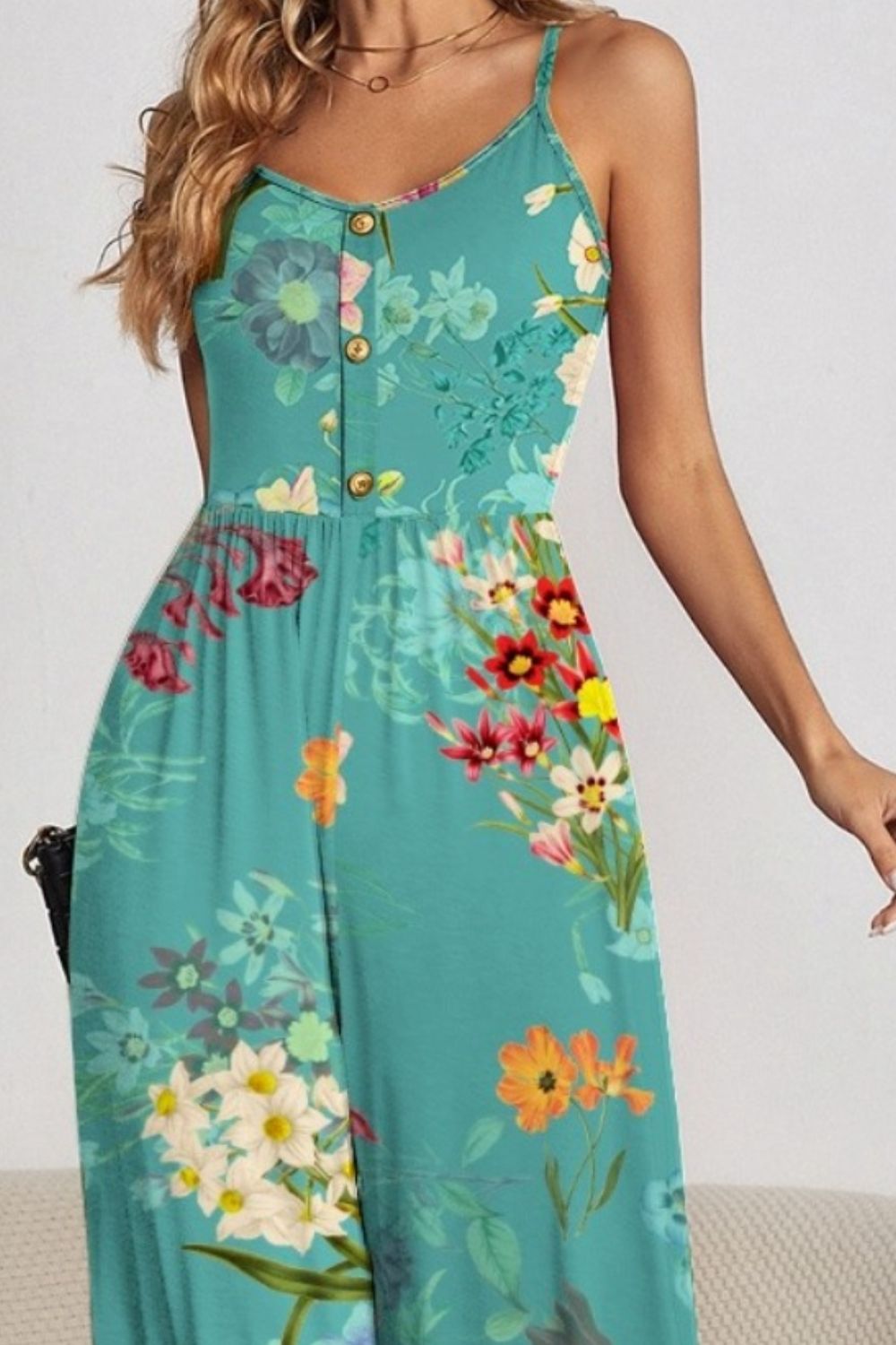 FAM-FAM Decorative Button Spaghetti Strap Wide Leg Jumpsuit 