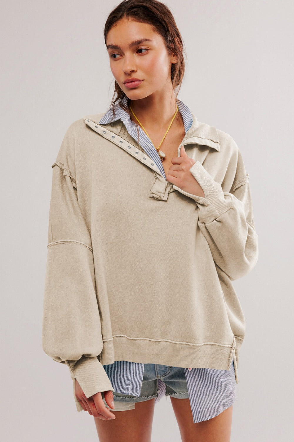 Exposed Seam Side Slit Long Sleeve Sweatshirt 