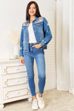Baeful Leopard Floral Distressed Raw Hem Denim Jacket 