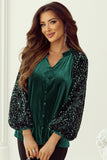 Sequin Notched Long Sleeve Blouse 