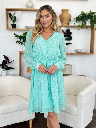 Double Take Full Size Printed Ruched V-Neck Long Sleeve Dress 