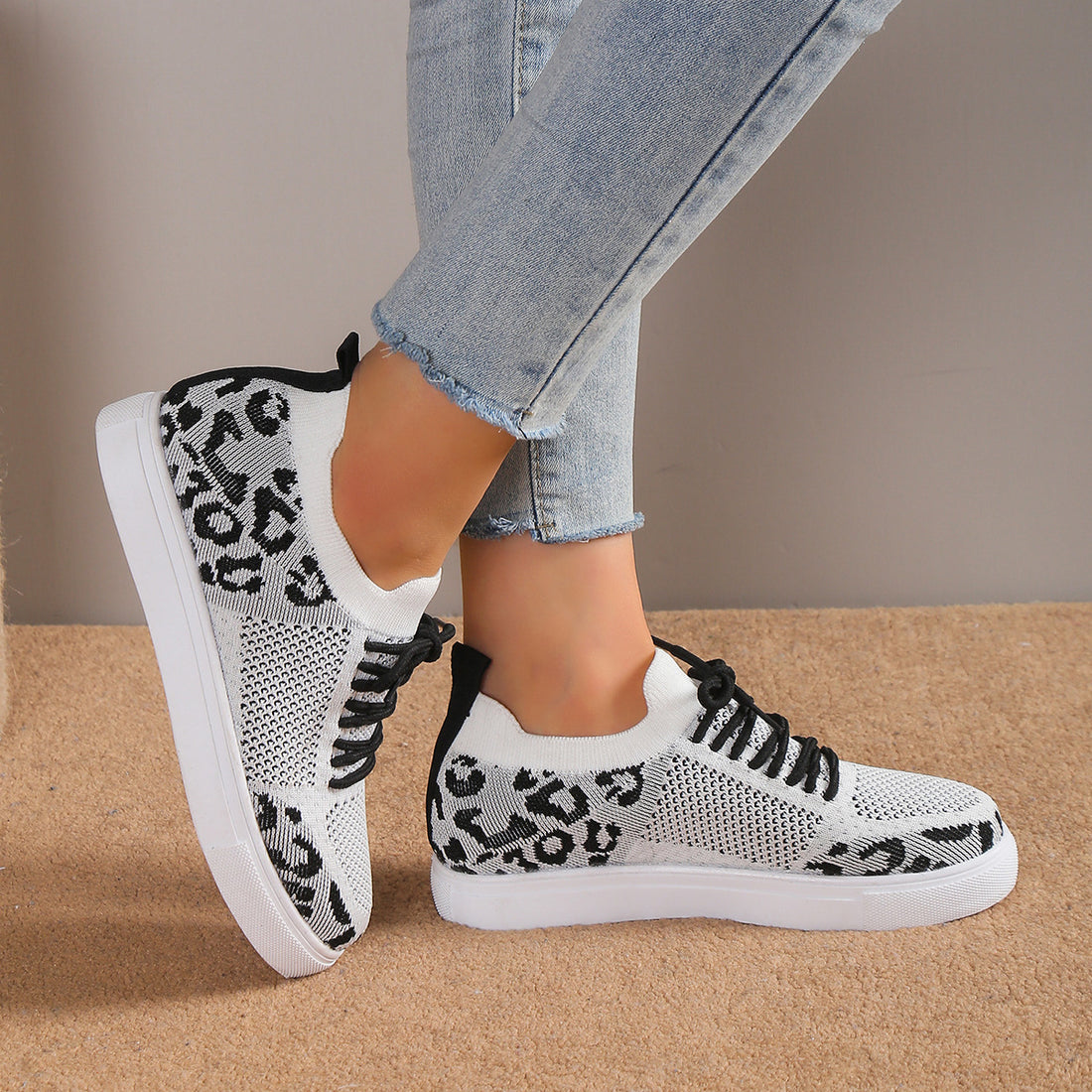 Lace-Up Leopard Flat Sneakers 