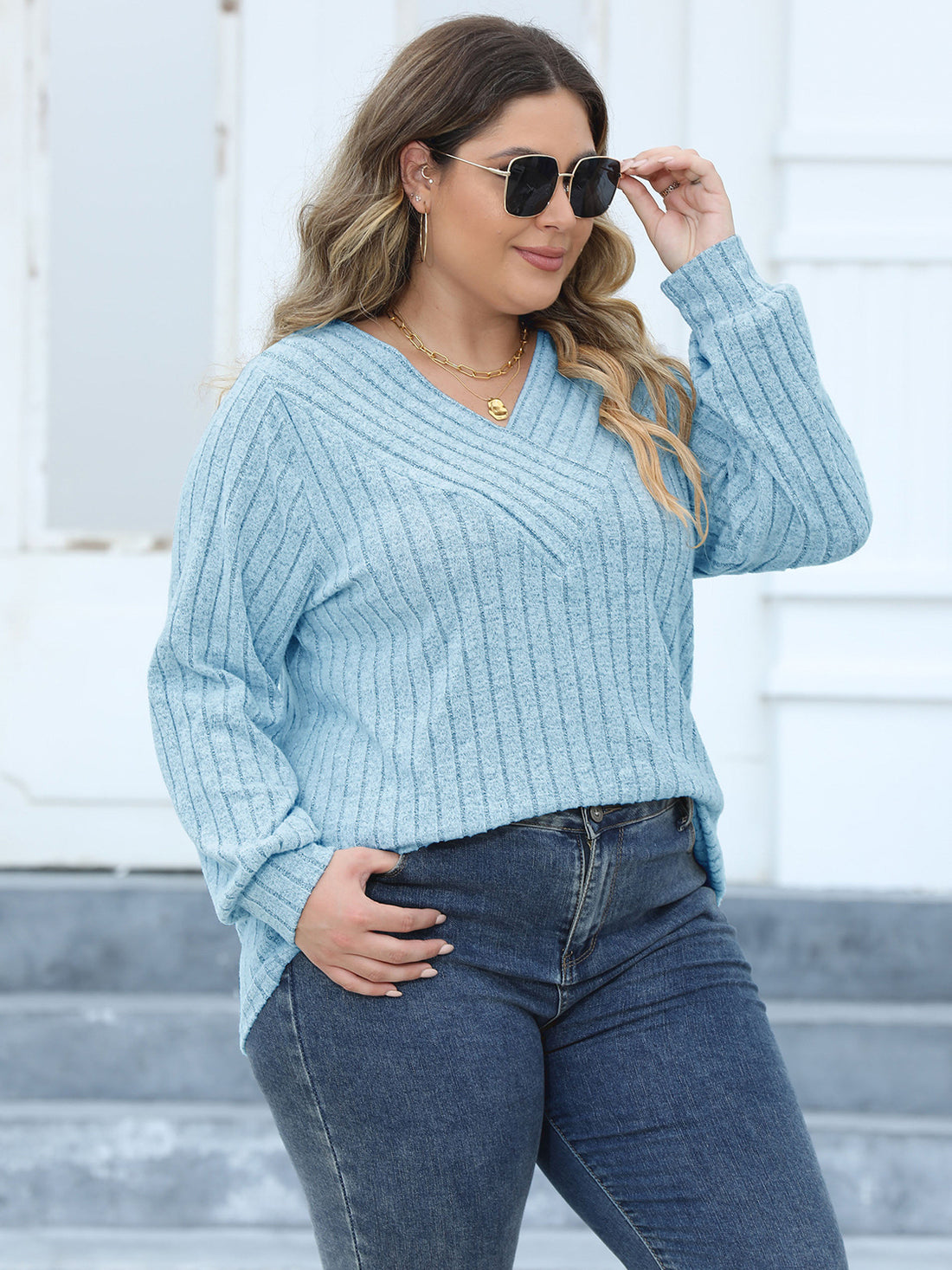 Plus Size Ribbed V-Neck Long Sleeve Top 