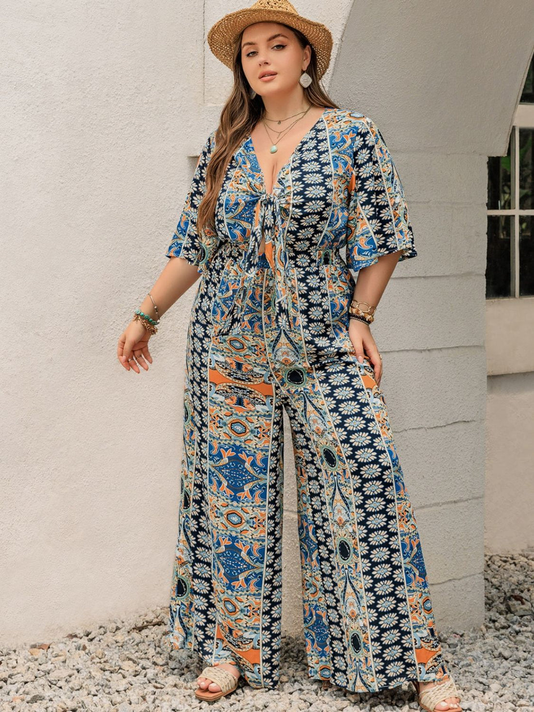 Plus Size Printed Half Sleeve Wide Leg Jumpsuit 