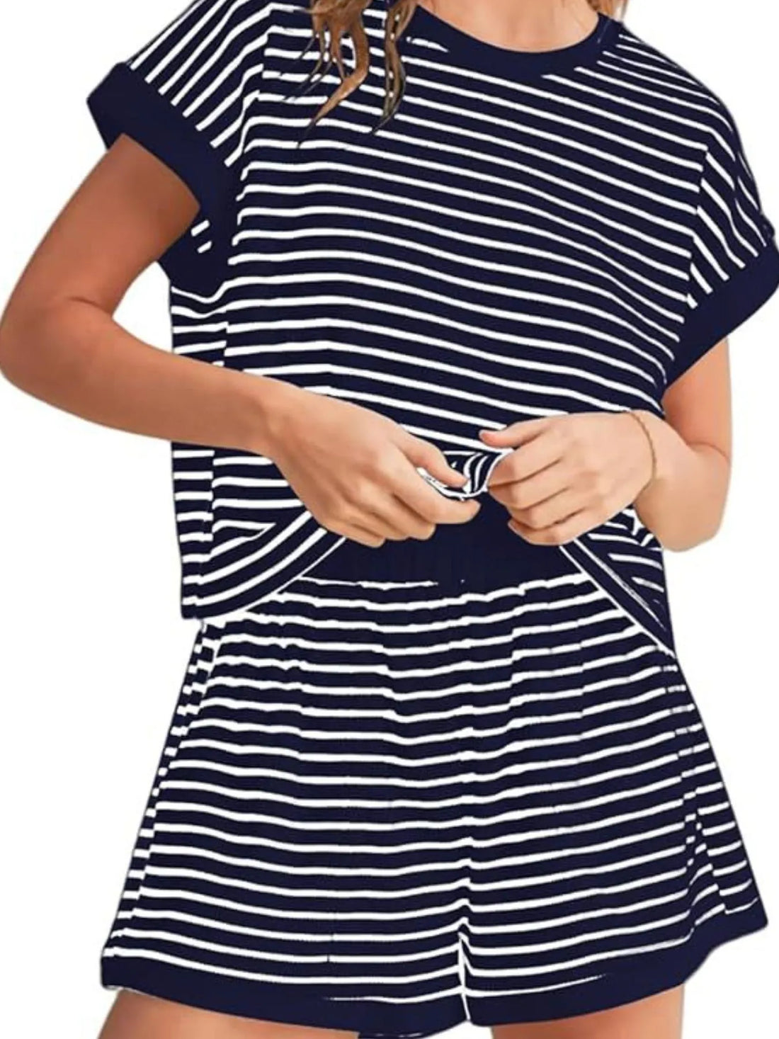 Full Size Contrast Striped T-Shirt and Shorts Set Plus Size Two Piece Dresses