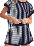 Full Size Contrast Striped T-Shirt and Shorts Set Plus Size Two Piece Dresses
