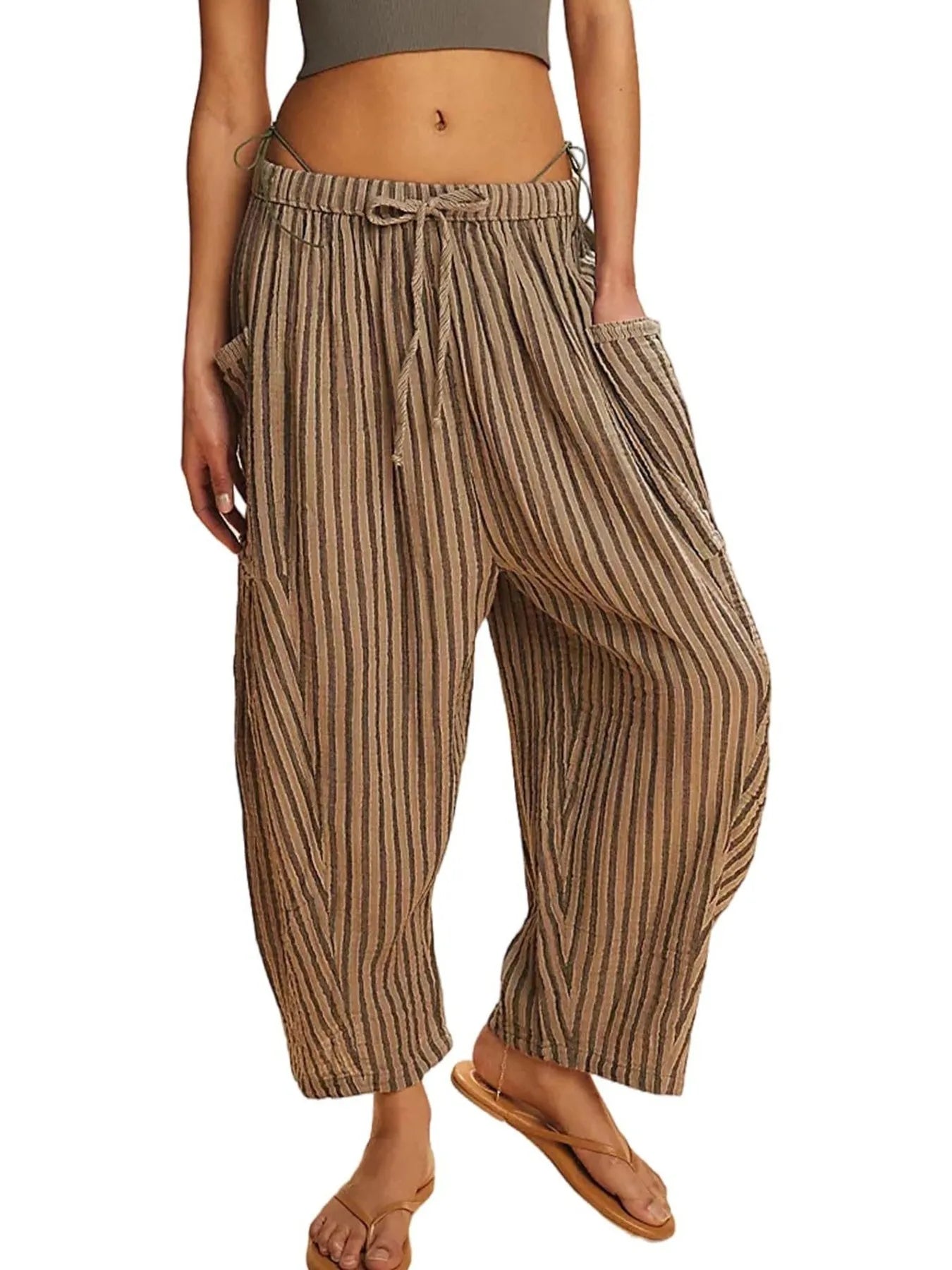 Full Size Striped Wide Leg Casual Pants Plus Size 