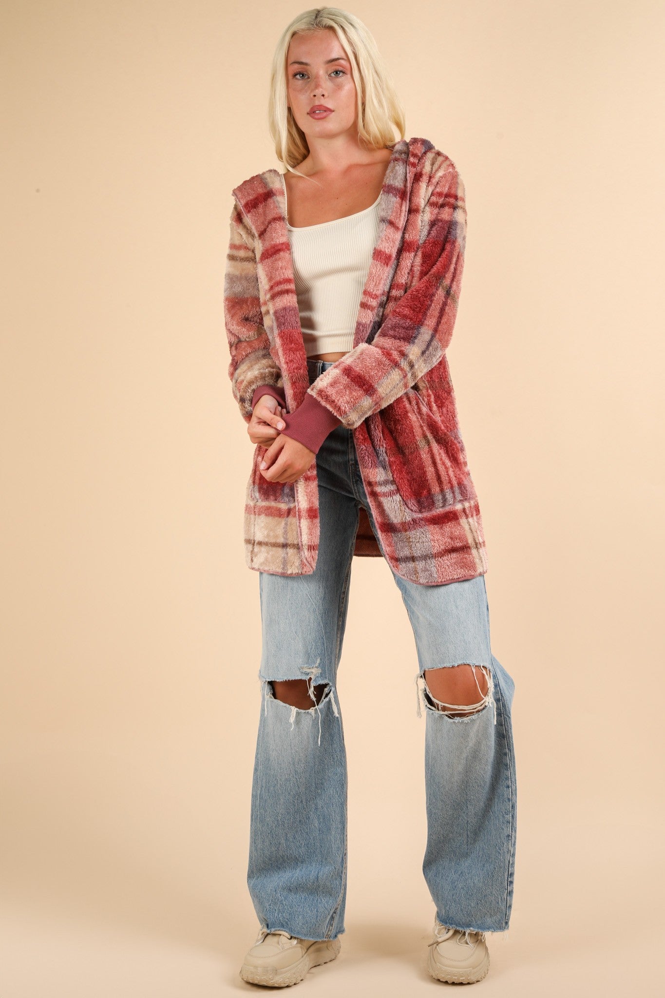 VERY J Fuzzy Plaid Long Sleeve Hooded Jacket 