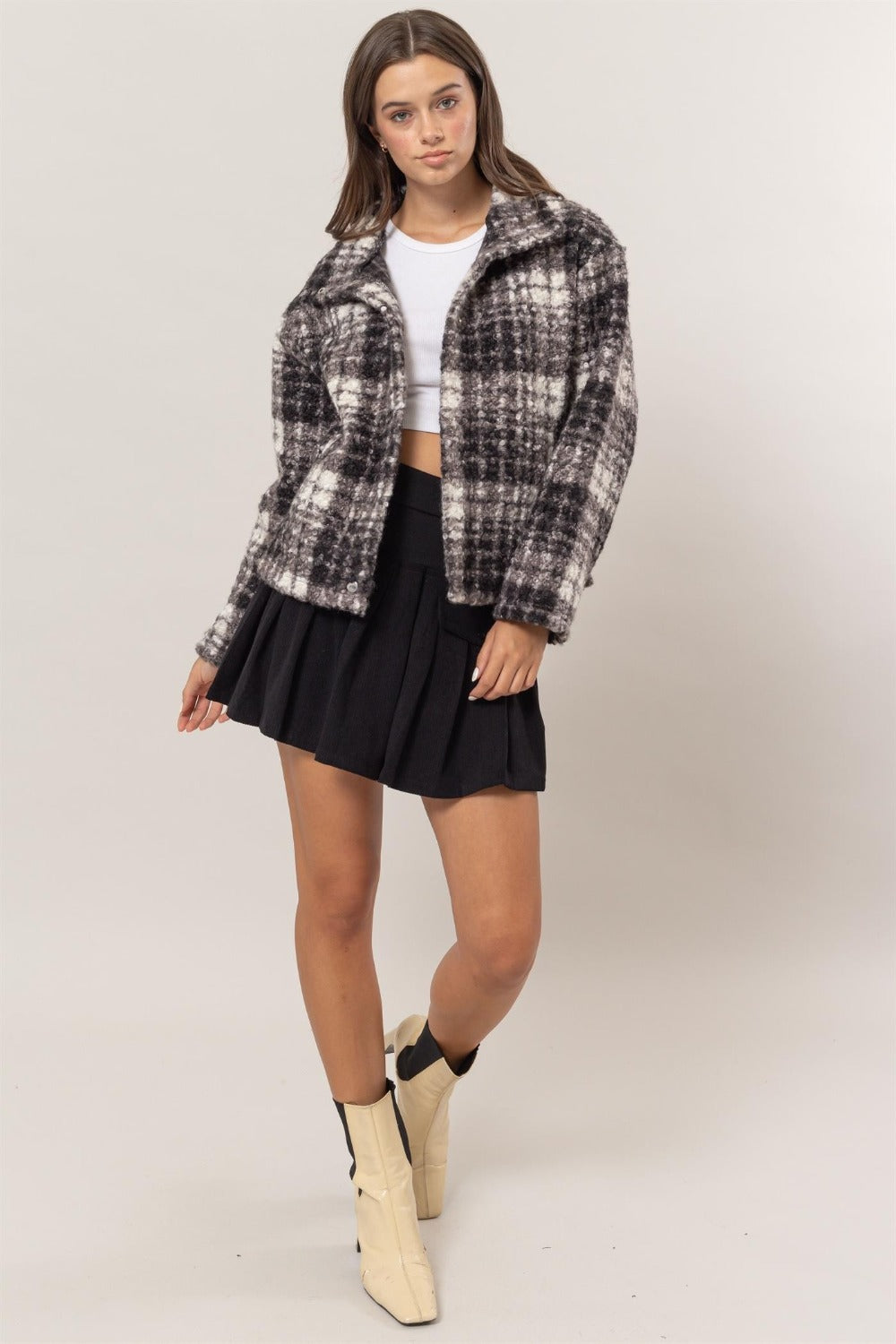 HYFVE Plaid Collared Neck Boucle Jacket with Pockets 