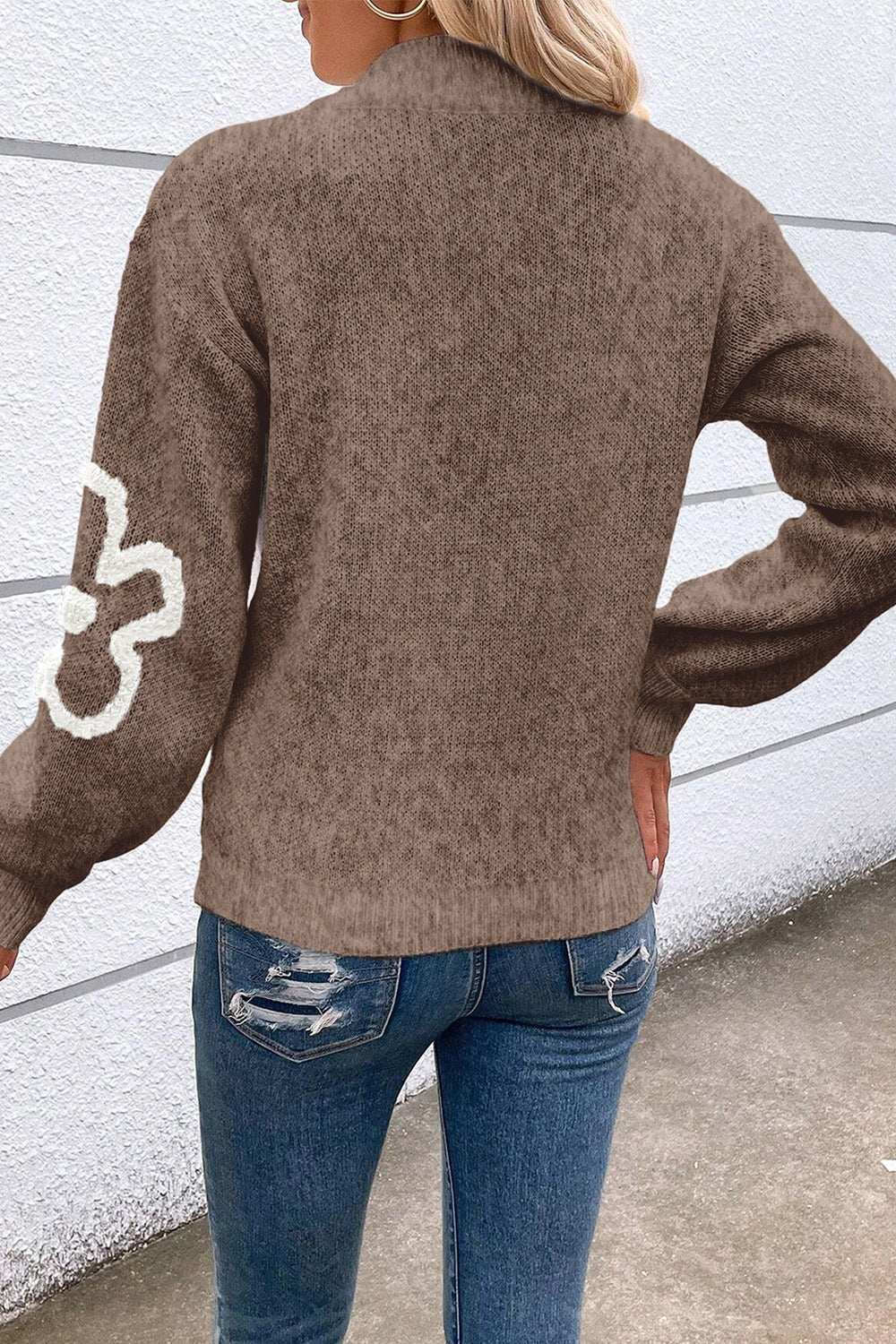 Flower Half Zip Dropped Shoulder Sweater 