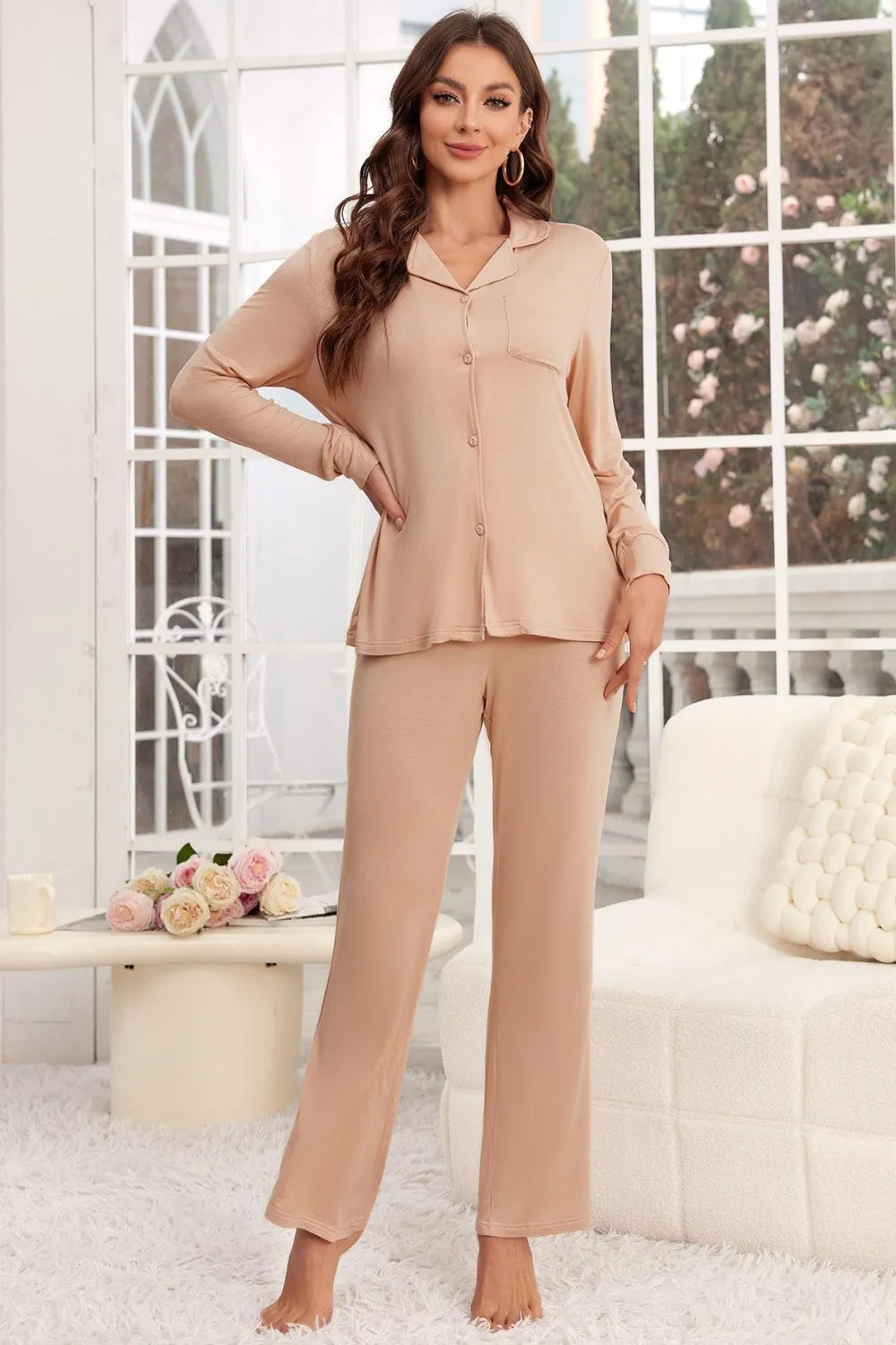Button Up Long Sleeve Top and Pants Lounge Set Lingerie & Nightwear