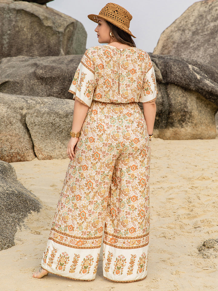Plus Size V-Neck Flutter Sleeve Wide Leg Jumpsuit 
