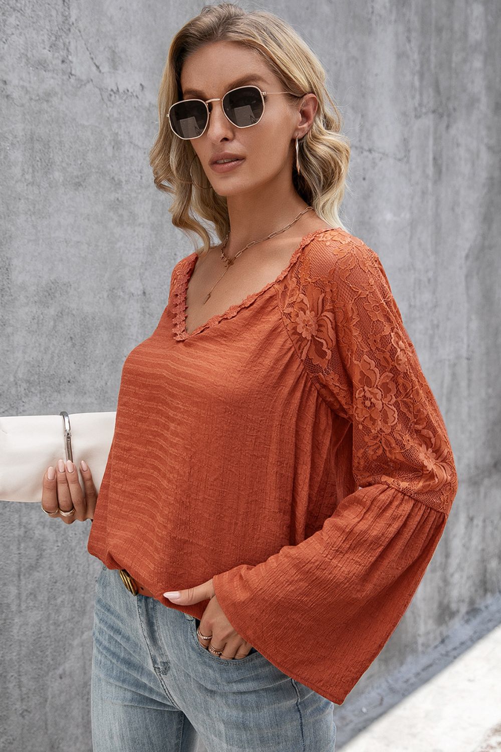 Ivy Lane V-Neck Spliced Lace Flare Sleeve Top 